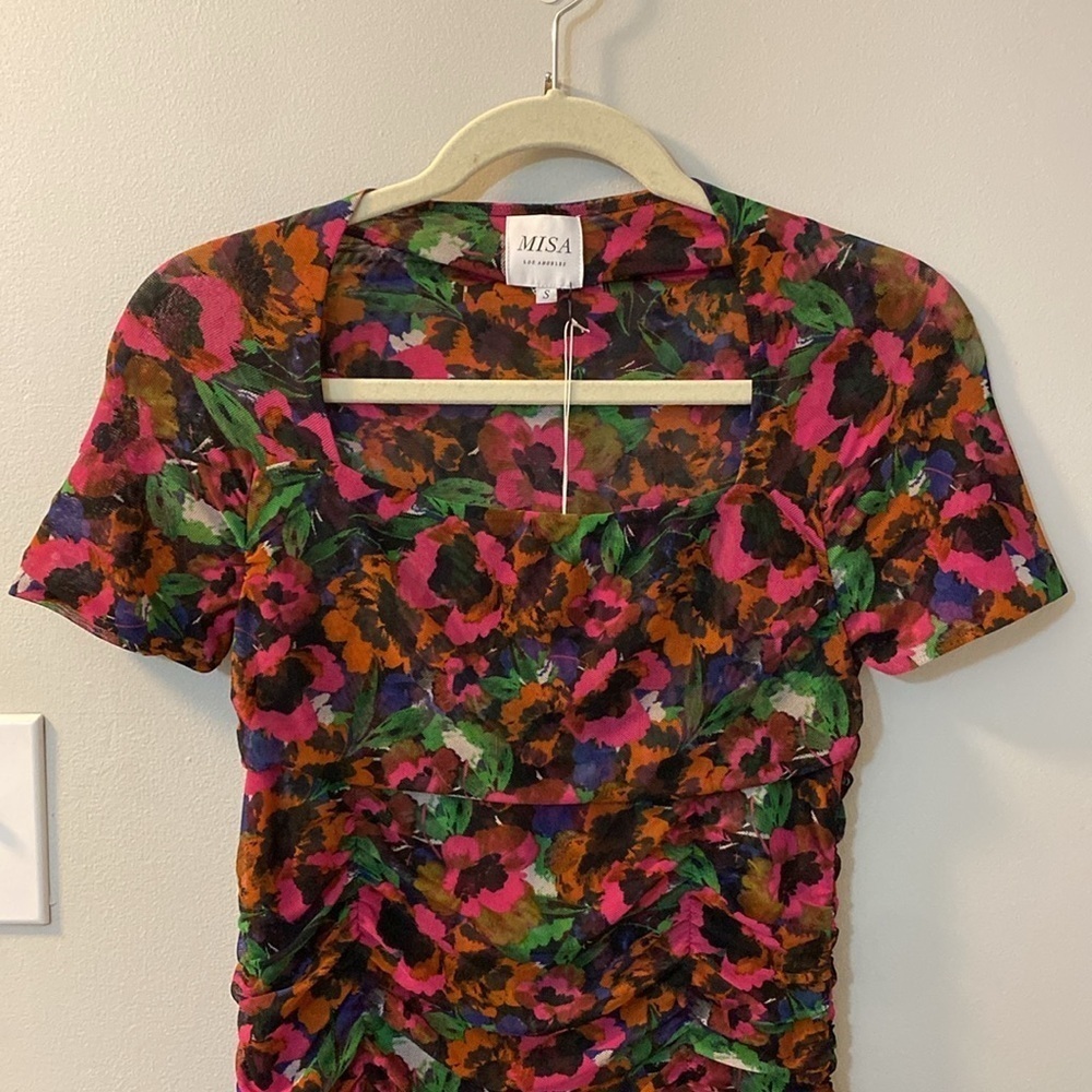 MISA Los Angeles short sleeve square neck mesh Marilyn jewel tone floral XXS - Picture 8 of 9